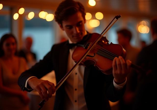 Ein eleganter Geiger spielt live für die Gäste an Bord eines Schiffes mit festlicher Atmosphäre.